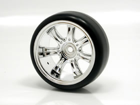 Square SRK3-304S - Soft Plastic Type Drift Tire Set / 26mm 7-Spoke Chrome Wheel 4mm Offset (1 Pair)