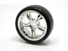 Square SRK3-210S - Soft Plastic Type Drift Tire Set / 26mm Split-5 Chrome Wheel 10mm Offset (1 Pair)