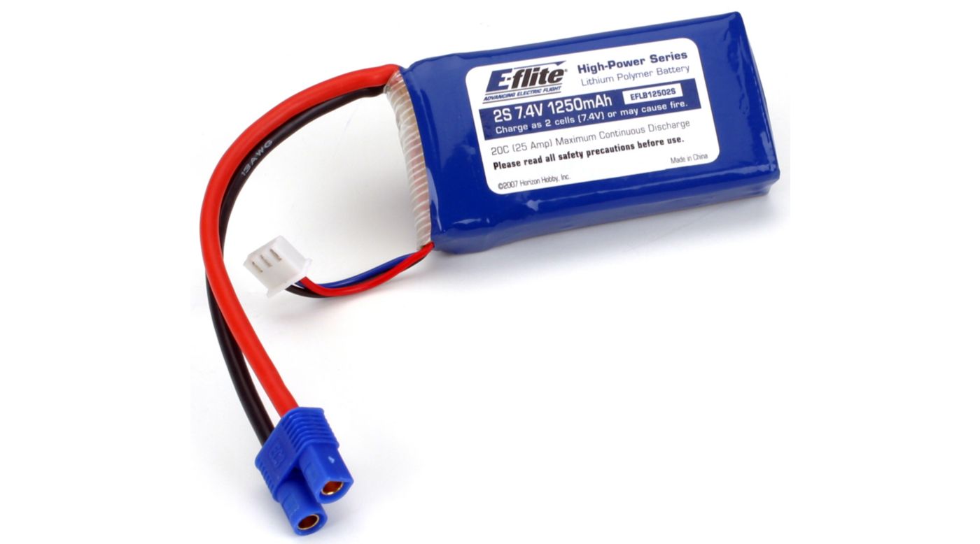 E-Flite EFLB12502S - 1250mAh 2S 7.4V 20C LiPo, 13AWG EC3