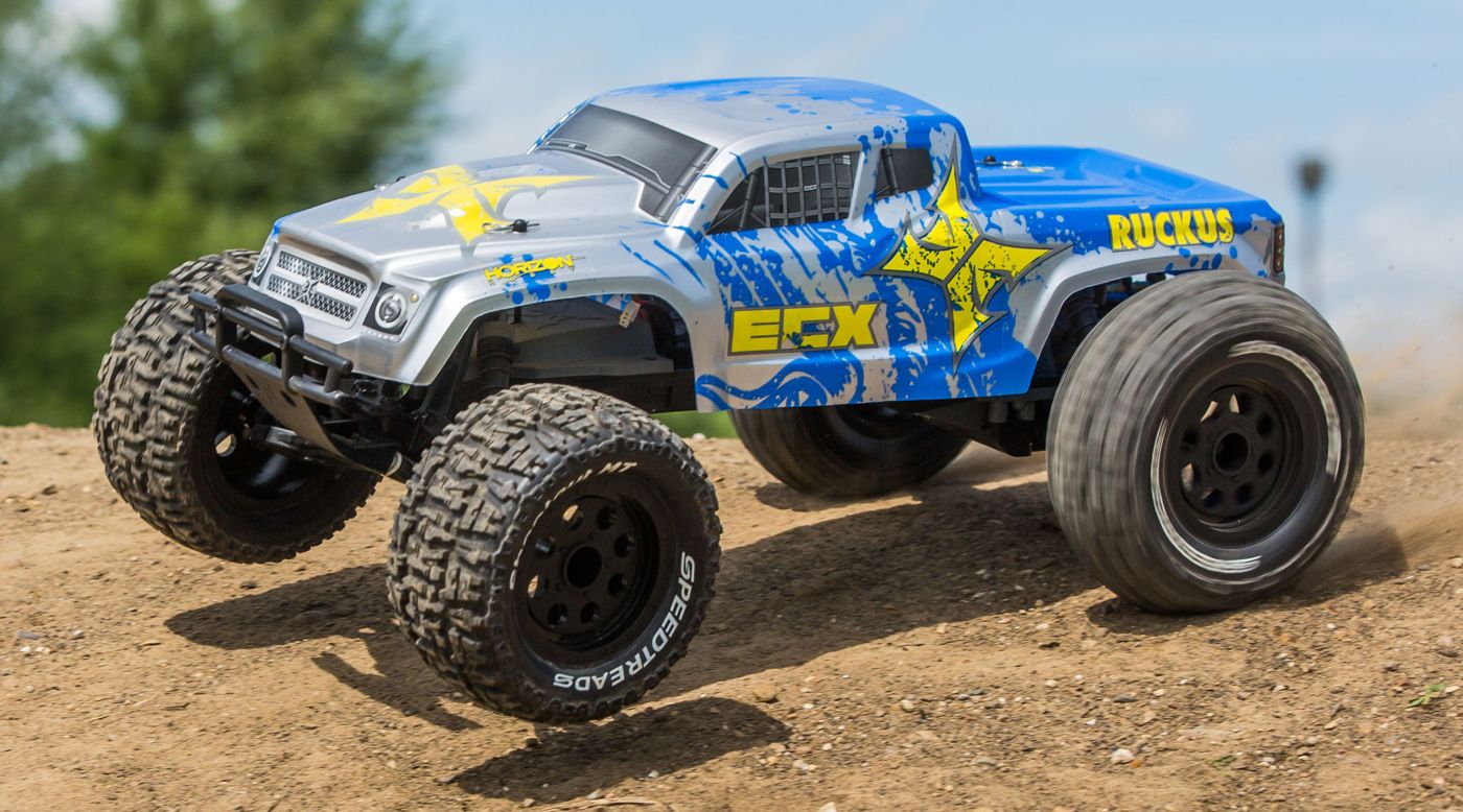 ECX 03331T1 - 1/10 Ruckus 2WD Monster Truck, Brushed, LiPo RTR: Silver/Blue