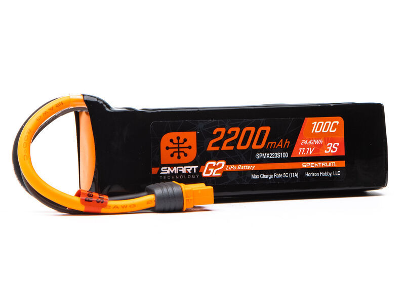 Spektrum SPMX223S100 - 11.1V 2200mAh 3S 100C Smart G2 LiPo Battery: IC3