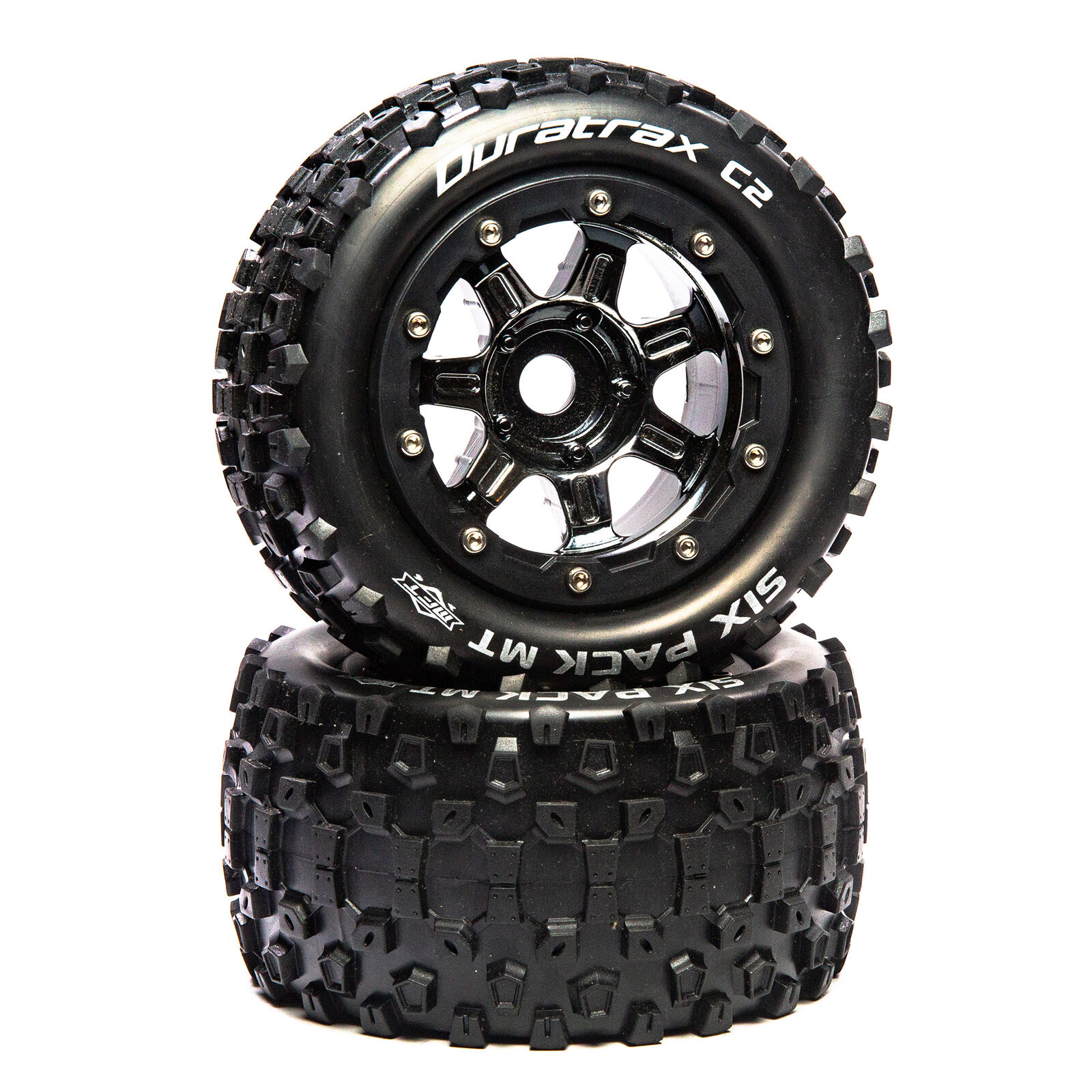 Duratrax DTXC5605 - SixPack MT Belt 2.8-inches Mounted Front/Rear Tires .5 Offset 17mm, Black Chrome